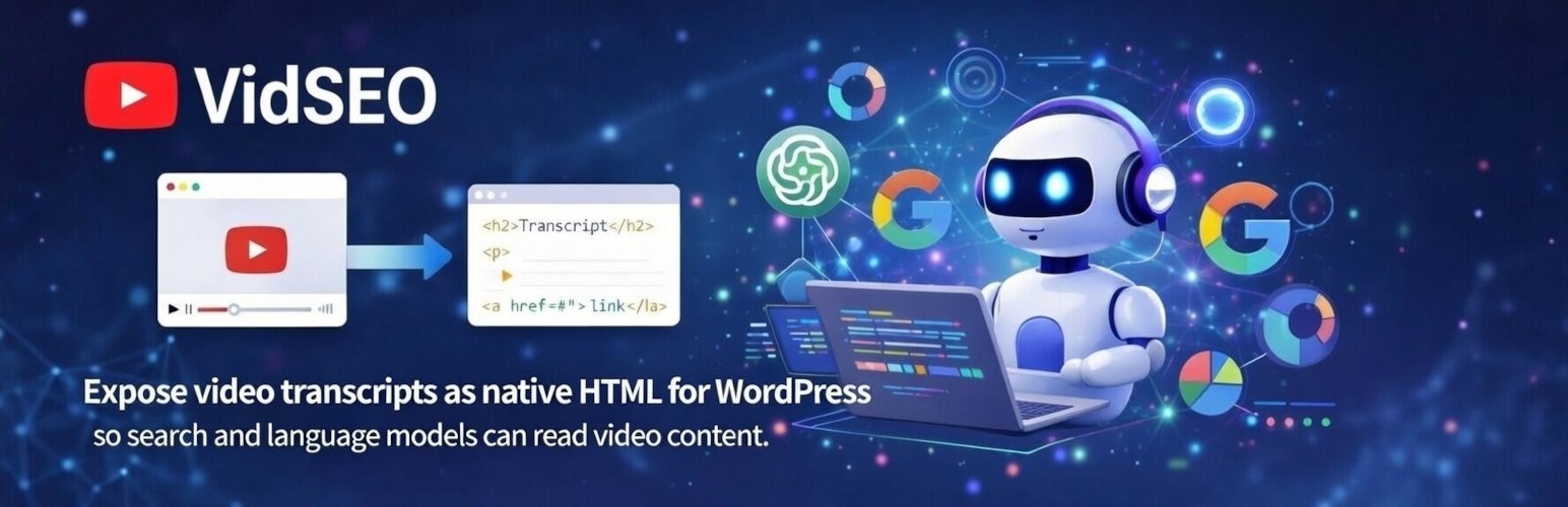 VidSEO banner showing video-to-transcript publication for WordPress