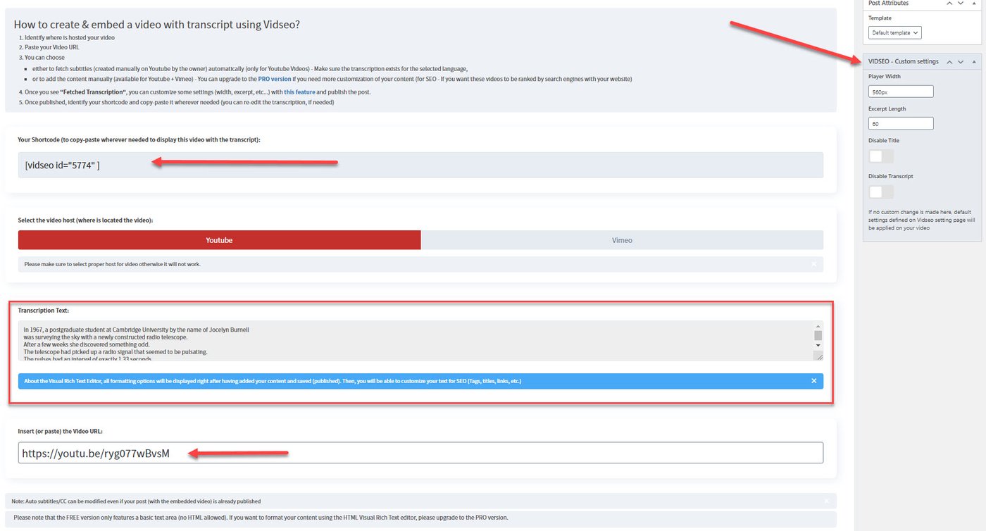 VidSEO video editor with transcript field and shortcode